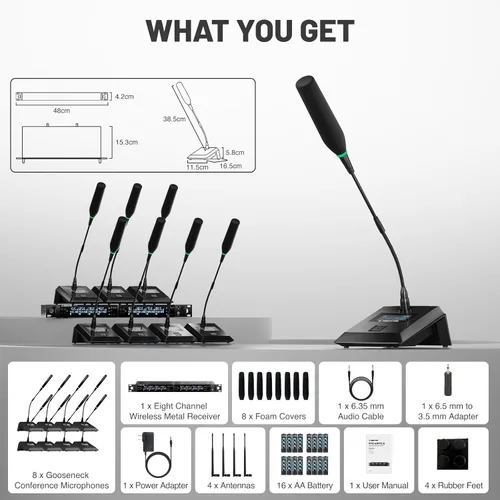 Vista 9 de Phenyx Pro Sistema de micrófono inalámbrico de conferencia de 8 canales, micrófono inalámbrico de podio con frecuencias UHF de 8 x 25, escaneo