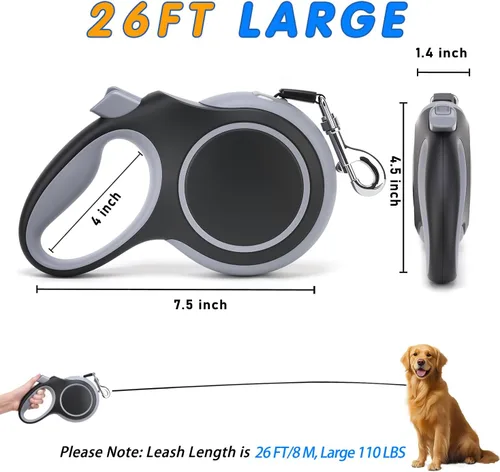 Vista 2 de Correa retráctil para perro de 26 pies, gran correa resistente para perros de hasta 110 libras, mango de goma antideslizante, freno con una sola