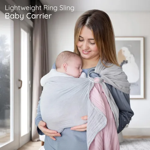 Vista 8 de Portabebés Ring Sling - Probado en laboratorio de EE.UU., 100% muselina de algodón natural, transpirable y ergonómico Ring Sling gris rosado