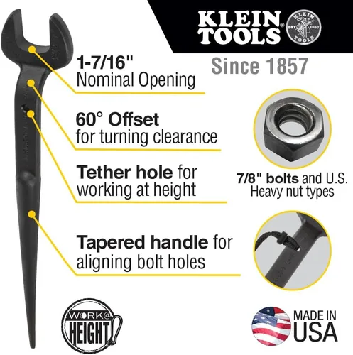 Vista 2 de KLEIN TOOLS 3213TT - Llave de construcción con agujero de sujeción, fabricada en Estados Unidos, apertura nominal de 1-7/16 pulgadas, perno de 7/8