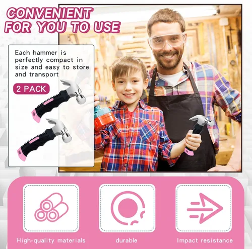 Vista 4 de 2 martillos pequeños de 8.8 onzas, martillo de garra multiusos, mini martillo rechoncho de uñas con mango de goma suave, herramientas de campamento