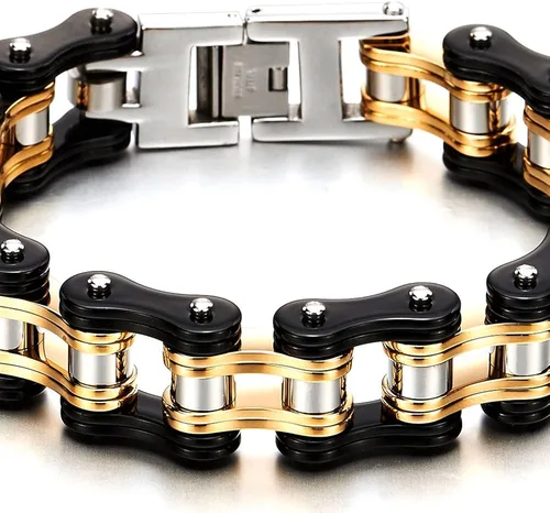 Vista 2 de Pulsera de cadena de bicicleta de acero inoxidable, en dos tonos, acabado pulido, para hombre