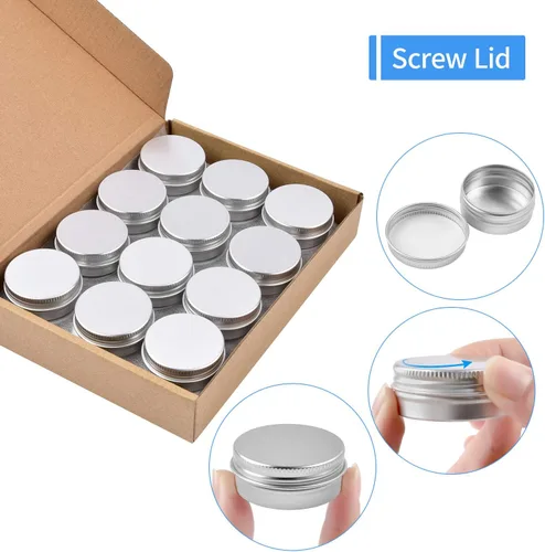 Vista 7 de Latas de aluminio, 24 recipientes redondos de metal de 1/2 oz, tapa de rosca, pequeños frascos de viaje para velas, ungüentos, cosméticos, especias