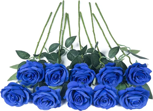 Vista 6 de 10 ramos de rosas artificiales de seda de color azul real, de un solo tallo largo, de terciopelo de tacto real, para decoración del hogar, oficina