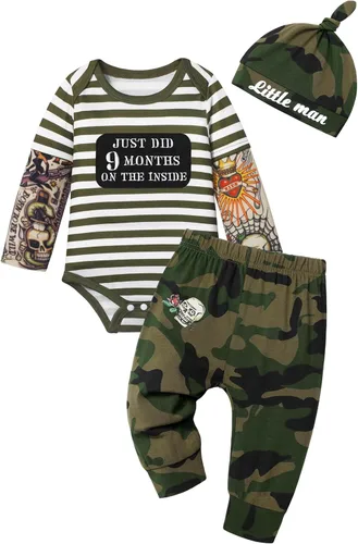 Vista 14 de Conjunto de 3 piezas de ropa para bebé y niño, manga de tatuaje, mameluco divertido y pantalones