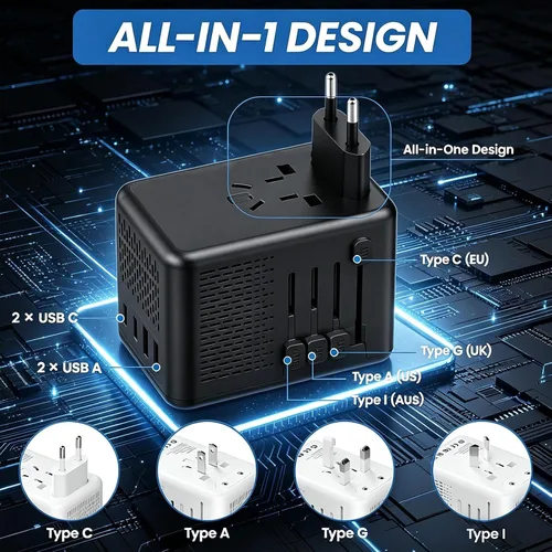Vista 6 de Convertidor de voltaje de 220 V a 110 V de EE. UU. a Europa para secador de pelo con carga rápida 2 USB A y 2 USB C, adaptador de convertidor
