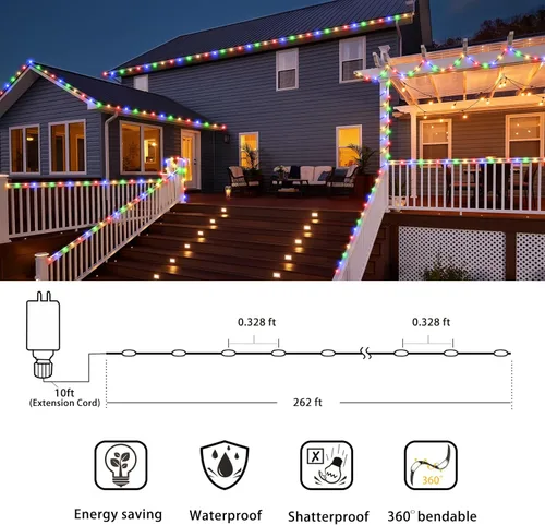 Vista 5 de Tira de luces para exteriores 262 pies 800 luces LED de Navidad para exteriores IP67 impermeables, enchufables, 8 modos, luces de hadas