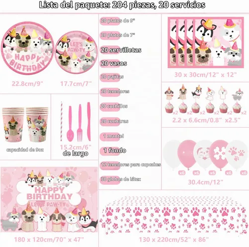 Vista 2 de KEFAN Suministros de fiesta de perro, vajilla de cumpleaños de pata de perro rosa, incluye platos de perro rosa, vasos, servilletas, mantel, telón