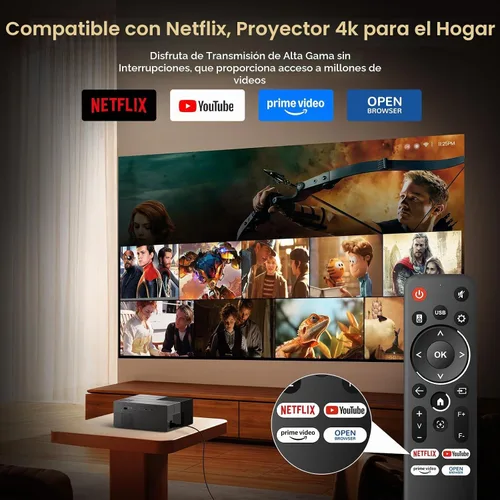 Vista 2 de Proyector para exteriores con WiFi y Bluetooth, 1500 ANSI/Compatible con Netflix Dolby Audio Smart Projector, proyector de película 4K para cine