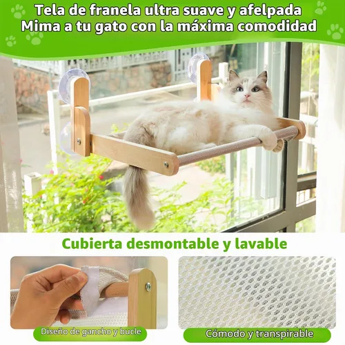 Vista 5 de Percha de Ventana para Gatos con Marco de Madera – Cama Hamaca Plegable para Gatos Aloxina para Gatos de Interior, Cubierta de Piel de Conejo Suave