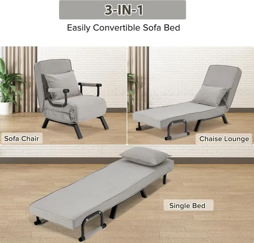 Vista 3 de Haddockway Sofá cama para una sola persona, sofá cama convertible tumbona, sillón plegable con almohada y 5 respaldos ajustables, cama reclinable