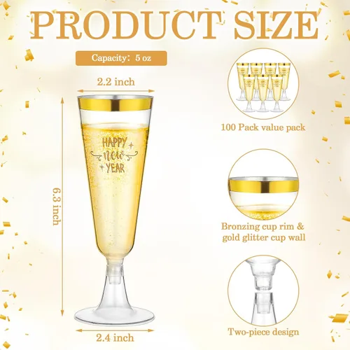 Vista 2 de Zhehao 100 copas de champán de plástico doradas a granel para fiesta de Año Nuevo 2026, 5 onzas, copa de vino desechable, borde dorado, copas