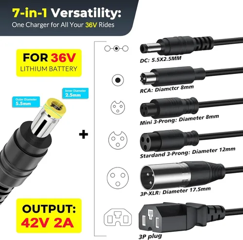 Vista 3 de Cargador de batería de litio de 36V, cargador de 42V 2A para patinete eléctrico, hoverboard, ebike, compatible con Gotrax, Jetson, Ninebot, Volpam