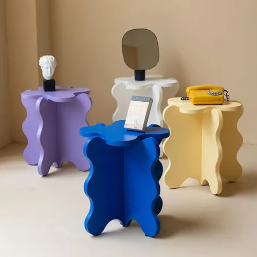 Vista 19 de HM&DX Mini mesa de centro de pétalos, mesa auxiliar de madera maciza con ondas de dibujos animados con patas en forma de X, mesa auxiliar