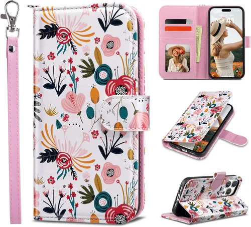 Vista 9 de ULAK Funda tipo cartera compatible con iPhone 14 para mujer, de piel sintética, diseño floral, con tarjetero y función atril, funda protectora tipo
