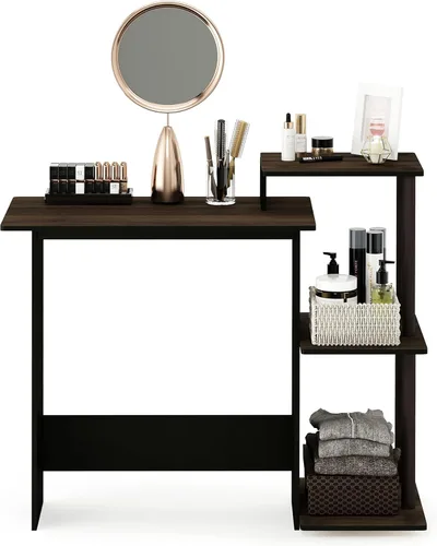 Vista 79 de Furinno - Escritorio compacto para computadora con estantes, Tablero de partículas, Marrón oscuro