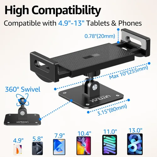 Vista 2 de Urmust Soporte universal de pared para tablet, ajustable en 360°, para dispositivos de 4.7 a 13 pulgadas, iPad, Galaxy Tab, soporte de pared
