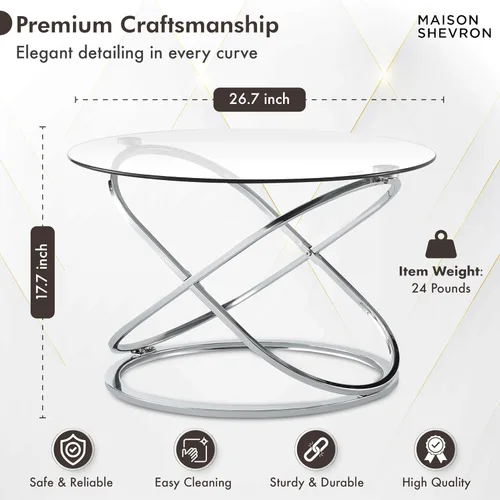 Vista 2 de Moderna mesa de centro redonda de cristal plateado, parte superior de vidrio templado de 26.7 pulgadas y base de patas cruzadas cromadas de lujo
