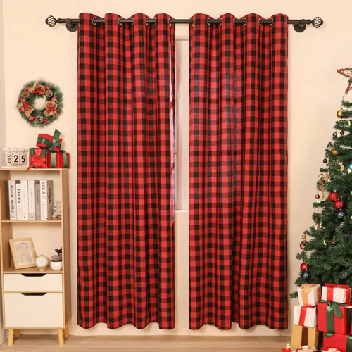 Vista 10 de Cortinas de búfalo Moslovstar 2 paneles, cortinas de ventana a cuadros de búfalo, cortinas rústicas de granja para oscurecer la habitación, cortinas