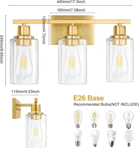 Vista 6 de Lámparas de pared doradas para baño de latón cepillado, lámparas de pared modernas de 3 luces con apliques de vidrio transparente, lámpara de pared