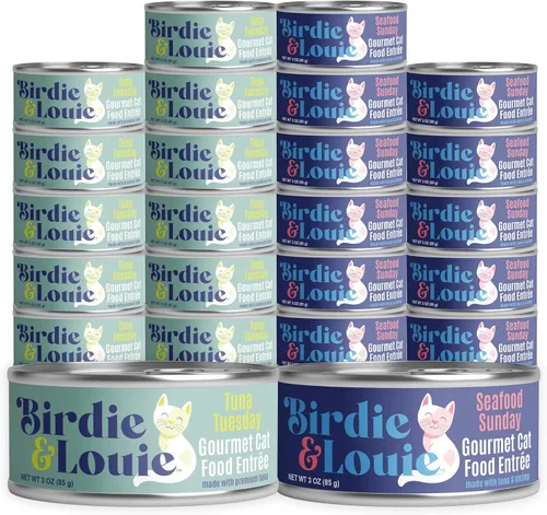 Birdie & Louie Tuna Tuesday/Seafood Sunday Variety Pack Wet Cat Food Gourmet Entradas 3 Oz Latas a granel Caja de 24 latas