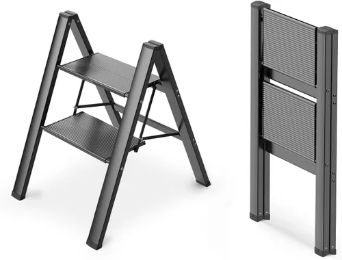 WOA WOA Escalera de 2 escalones, taburete plegable, escalera ligera de aluminio para armario de cocina del hogar, pedales antideslizantes, facilidad