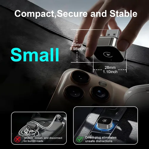 Vista 2 de Adaptador CarPlay inalámbrico 2 en 1 para Apple iPhone y Android Auto – CarPlay con cable a dispositivo inalámbrico, en forma de T para auto USB