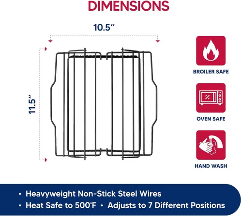 Vista 4 de HIC Kitchen Estante ajustable para hornear asado, acero con revestimiento antiadherente, se ajusta a 7 posiciones diferentes, 11.5 x 10.5 x 0.5