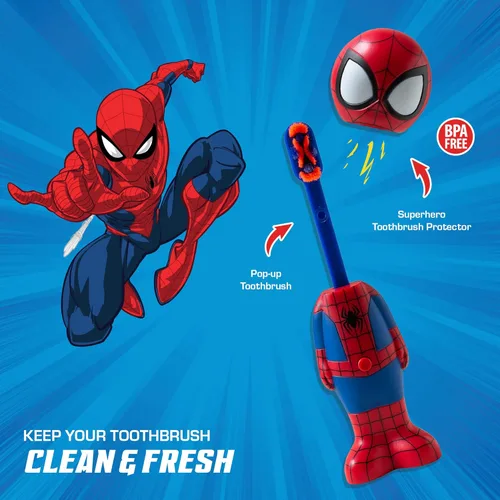 Vista 2 de Brush Buddies Cepillo de dientes Marvel Spider-Man para niños, cerdas suaves y redondeadas, diversión poppin', cabezal de cepillo desplegable ultra