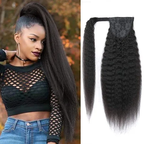 Vista 34 de Extensiones de cola de caballo de cabello humano lacio, color negro natural, pasta mágica envolvente, extensiones de cabello Remy 100% real