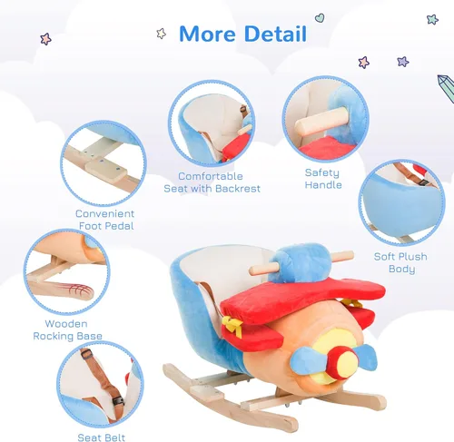 Vista 6 de Qaba Caballo mecedor para niños, silla de avión de felpa de madera con canción de cuna y cinturón de seguridad durante 18 meses +