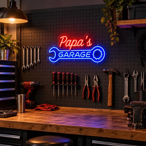 Vista 15 de Letrero de neón de garaje para papá, letrero LED personalizado con forma de llave, decoración de pared retro de mecánico de automóviles, letrero