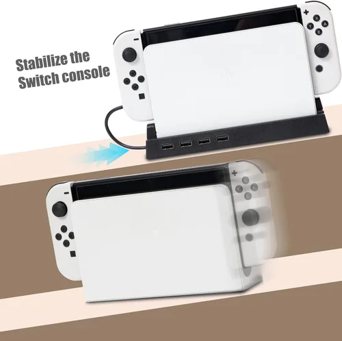 Vista 7 de Base de concentrador 2019, concentrador USB para Nintendo Switch con 4 puertos de salida para controladores Pro con cable, teclado, base Joy-Con
