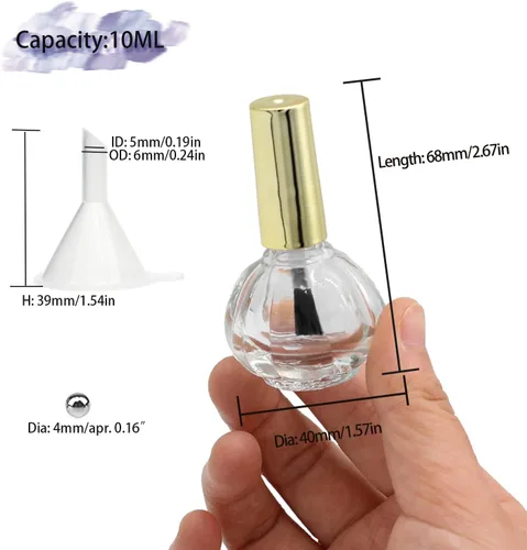 Vista 2 de Botellas vacías de esmalte de uñas, parte superior dorada, 6 botellas de cristal de 0.3 onzas líquidas, forma de calabaza, recargable, transparente