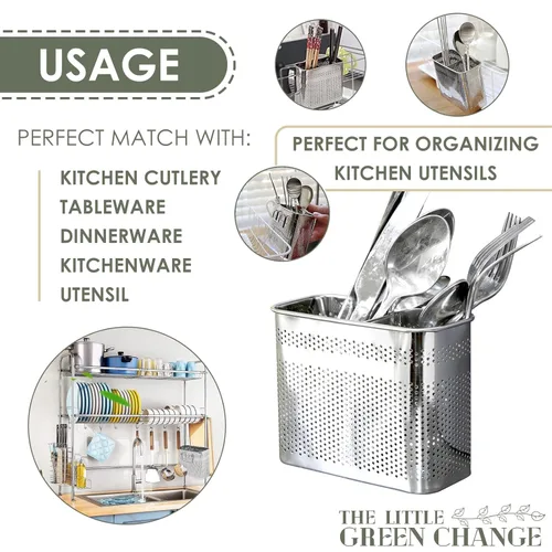 Vista 4 de Kitchen Utensils Chopsticks Holder Drying Rack Basket with Hooks 2 Divided Compartments Quality Stainless Steel Large L5.4 X H4.3 X W2.6