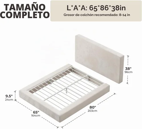 Vista 2 de RECCI AirFrame - Base de cama tapizada de tamaño matrimonial con cabecera acolchada de felpa Chenille beige