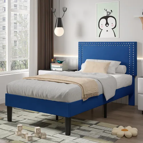 Vista 61 de VECELO Base de cama de plataforma de tamaño individual con cabecera tapizada de altura ajustable, base de colchón moderna, soporte de listones