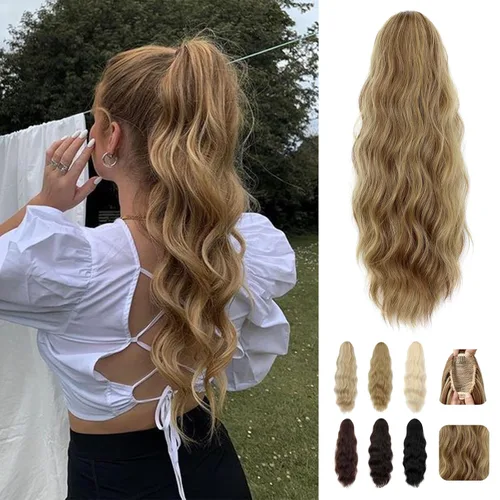 Vista 18 de Extensión de cola de caballo de 18 pulgadas, extensiones de cola de caballo sintéticas de aspecto natural, extensiones de cabello para mujer, rubio