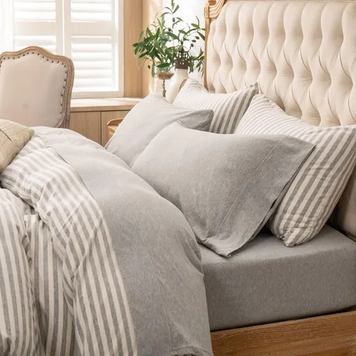 Vista 10 de PURE ERA - Juego de sábanas punto jersey de 4 piezas, 100% algodón, supersuaves, cómodas, transpirables, para colchones de hasta 20 pulgadas, Gris