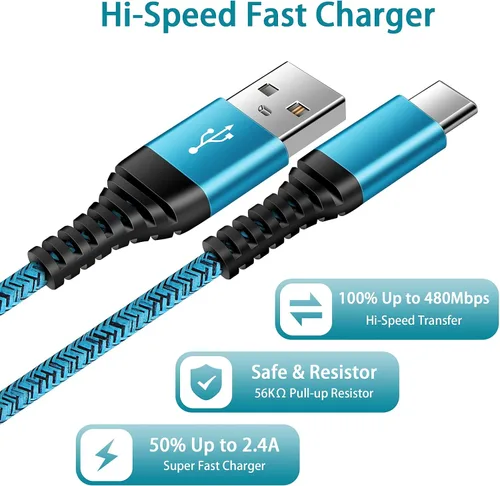 Vista 4 de Cable USB C de carga rápida tipo C de 6 pies, paquete de 5 cables de carga de nailon para Samsung Galaxy A17 A16 5G A12 A32 A52 S23 S22 S21 A14 A13