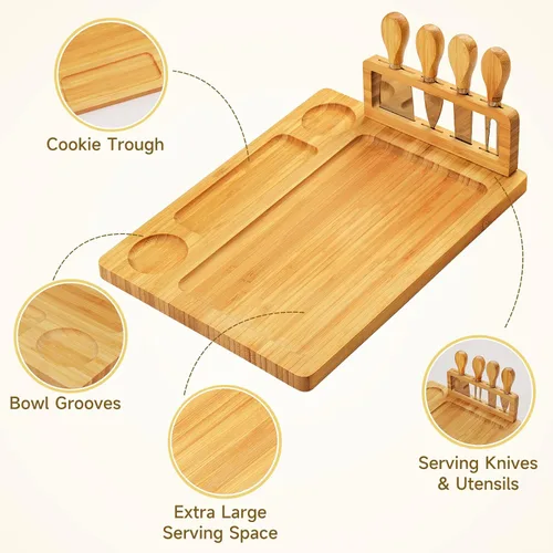 Vista 4 de Juego de tablas grandes de charcutería como regalo – Juego de tabla de queso y cuchillo con bandeja de queso extra, tabla de charcutería de bambú