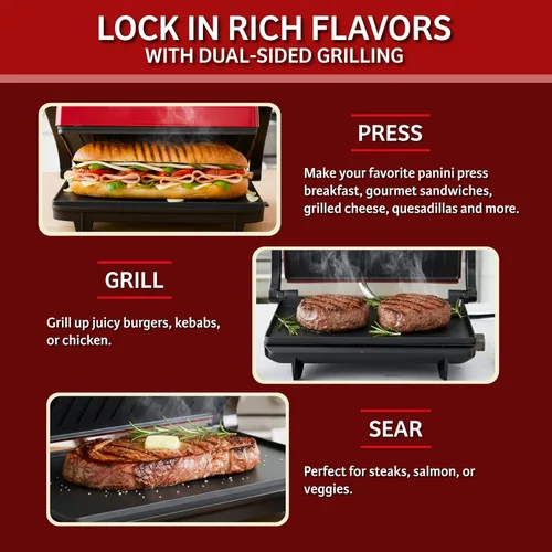 Vista 4 de Chef Buddy 82-SW100 parrilla antiadherente y Panini Prensa, rojo., Rojo