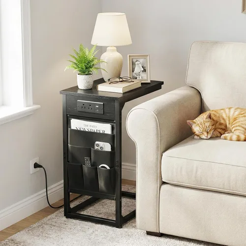 Vista 8 de AMHANCIBLE - Mesa auxiliar en forma de C con estación de carga, juego de bandeja para TV de 2 piezas, mesas de sofá con bolsa de almacenamiento