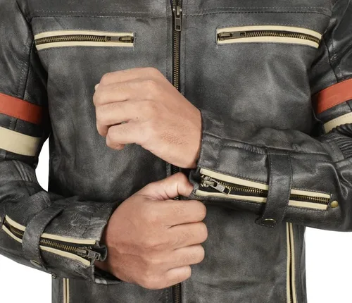 Vista 4 de Prime-Fashion Mens Vintage Motorcycle Distressed Retro Biker Leather Jacket