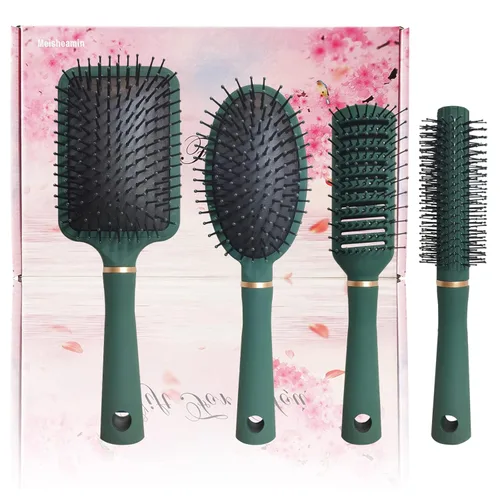 Vista 9 de Juego de 4 cepillos para el cabello, incluye peine ovalado de masaje antiestático, cepillo desenredante, cepillo de pelo redondo, cepillo de pelo