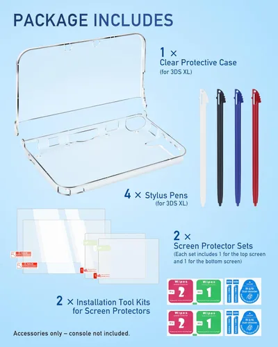 Vista 5 de 3-in-1 Accessories Kit for Nintendo 3DS XL/LL – Protective Bundle Includes Clear Hard Case + Screen Protectors (Tempered Glass & PET) + 4 Stylus