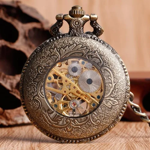 Vista 4 de Bronze Men's Antique Mechanical Pocket Watch, Skeleton Mechanical Roman Numerals Pocket Watch with Chain + Box
