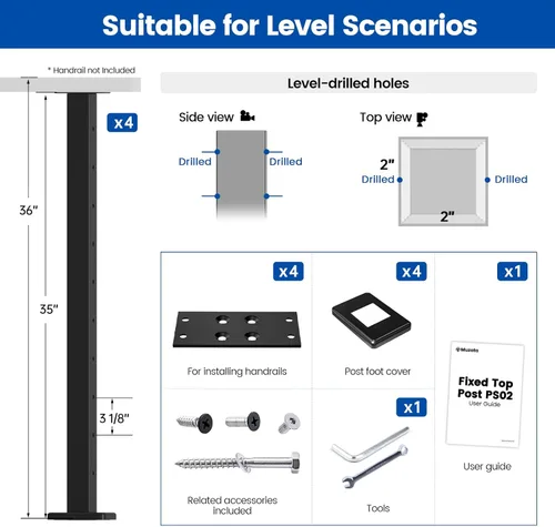 Vista 2 de Muzata Paquete de 4 postes de barandilla de cable negro de 36 pulgadas, 36 x 2 x 2 pulgadas, montaje en superficie perforada de nivel T304, kit