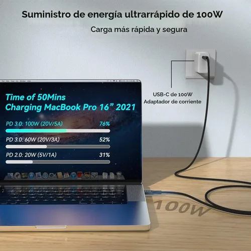 Vista 3 de Cable USB C de 16.5 pies 3.2 Gen 2X2 20Gbps, 5M tipo C 4K @60Hz UHD Video 5A/100W PD3.0 Cable de carga rápida con E-Marker compatible