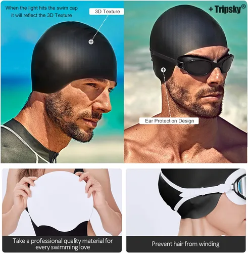 Vista 5 de Tripsky Silicone Swim Cap for Long Hair, Swimming Cap for Women Men Teenagers, Stereoscopic Pattern Bathing Cap Ideal for Curly Short Medium Long